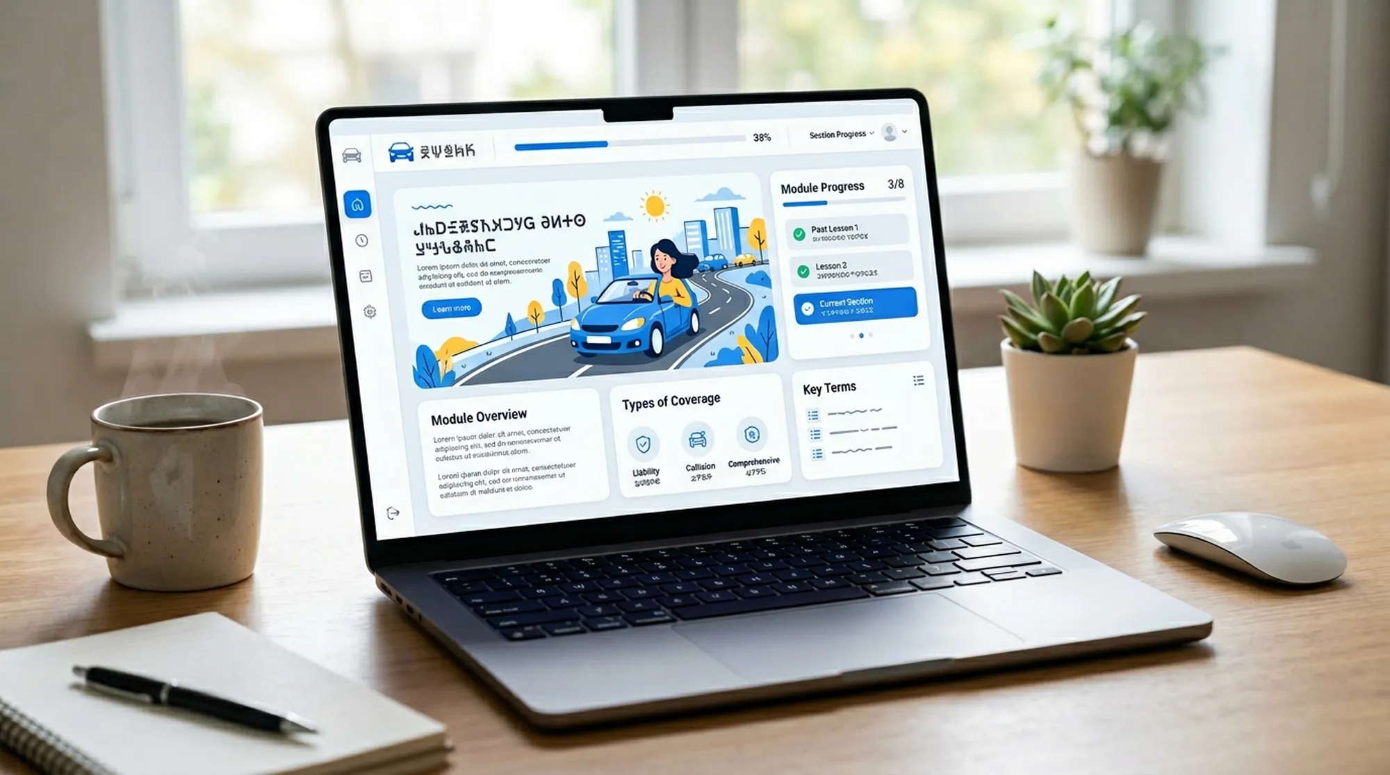 Materiały szkoleniowe dotyczące ubezpieczenia komunikacyjnego na ekranie laptopa